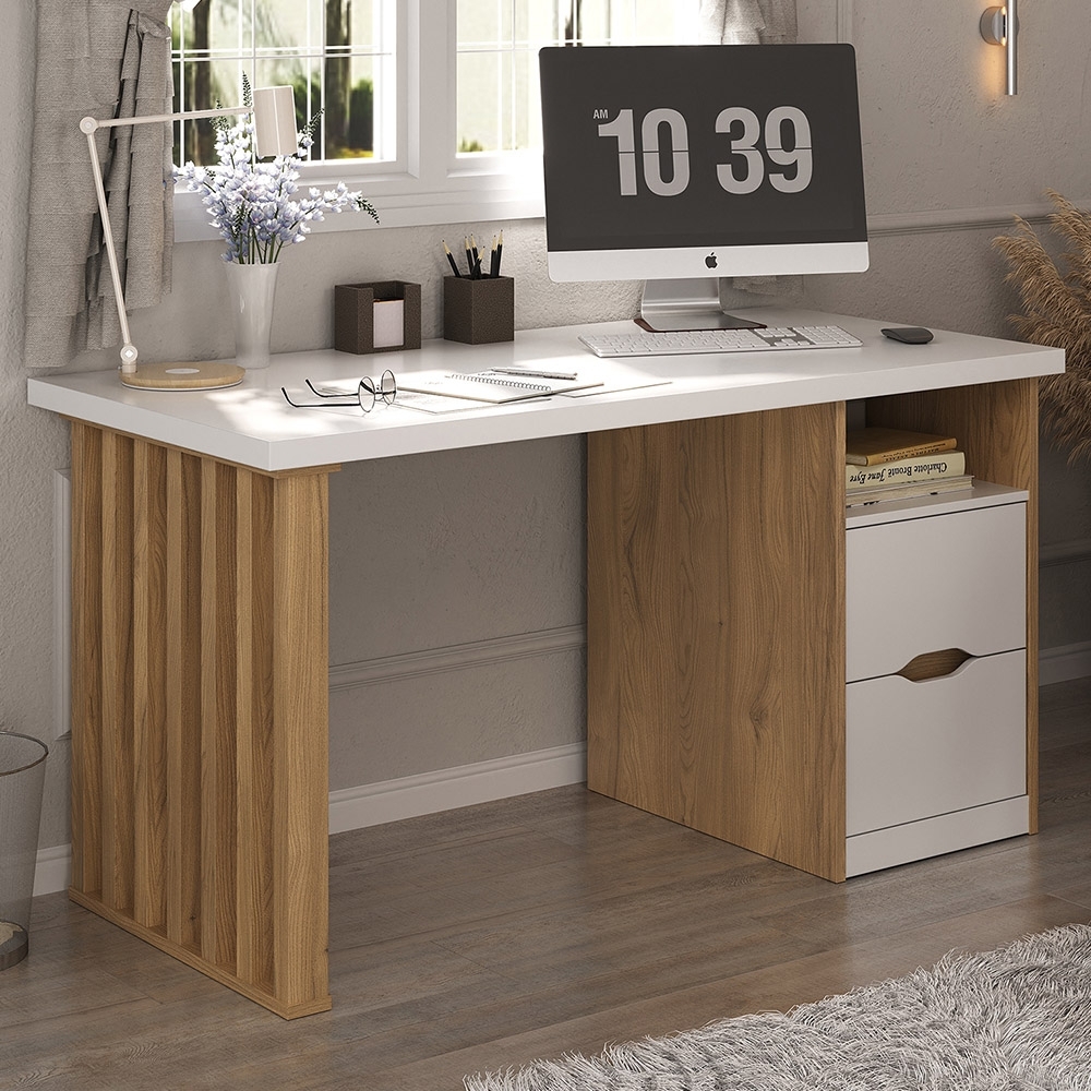 Mesa Escrivaninha 143cm 2 Gavetas Flowers Branco/Olmo A06 - Mpozenato