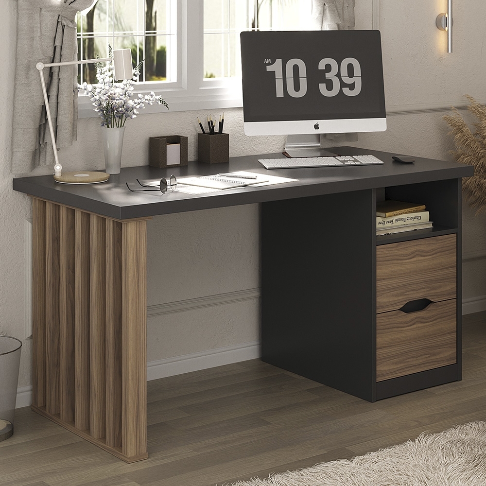 Mesa Escrivaninha 143cm 2 Gavetas Flowers Preto/Nogal A06 - Mpozenato