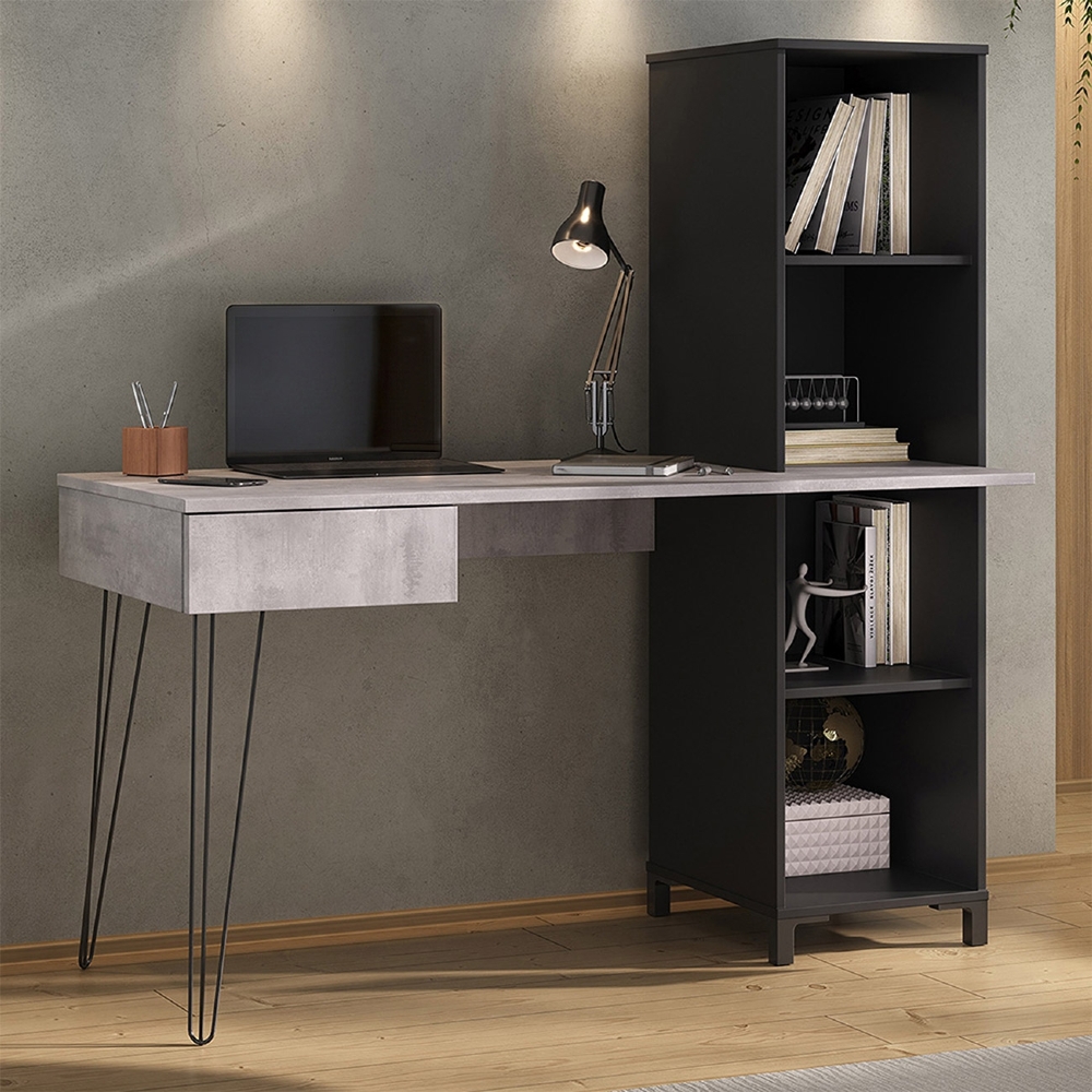 Mesa Escrivaninha com Estante Orizon A06 Concreto/Preto - Mpozenato