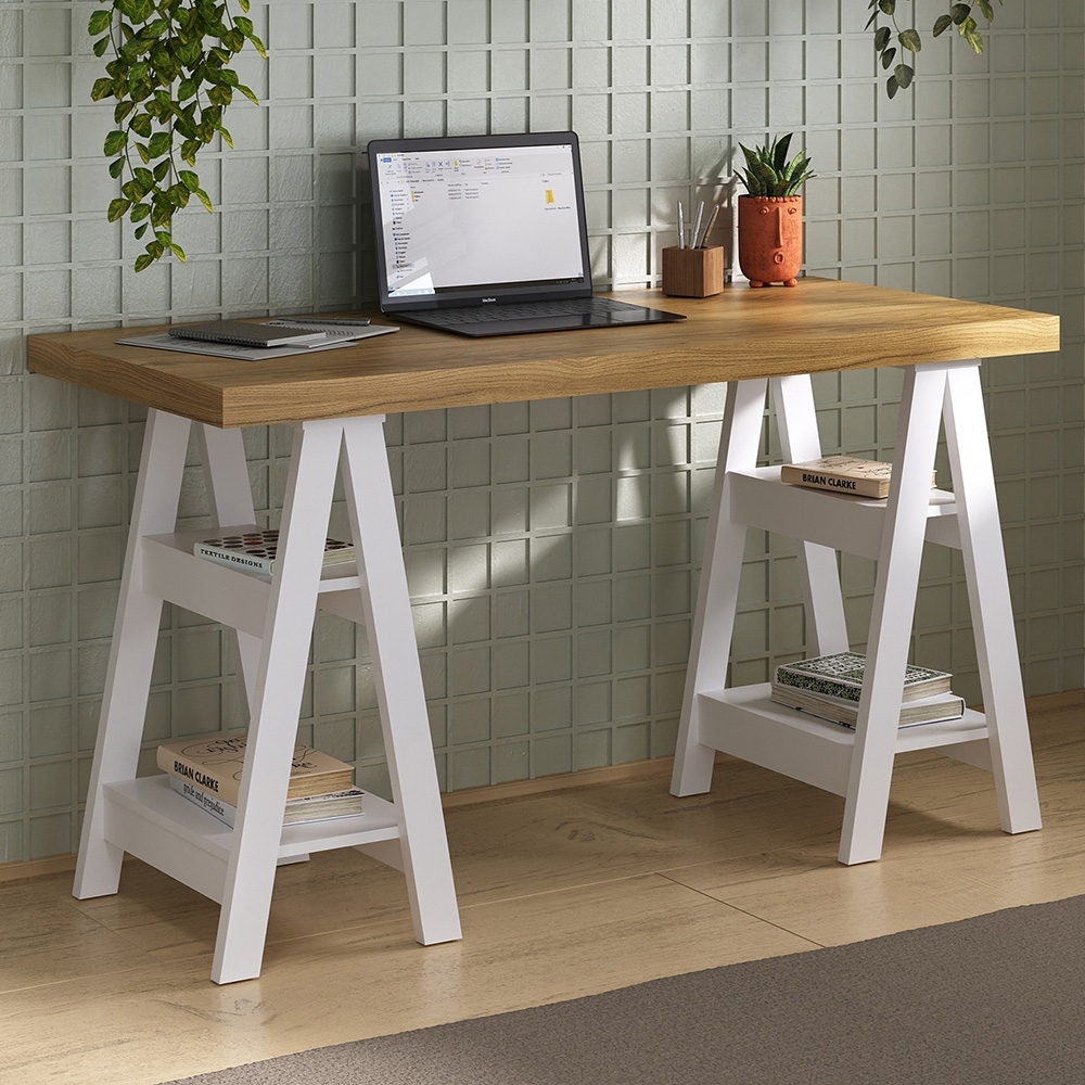Mesa Escrivaninha 135cm Pés Cavalete Darte A06 Olmo/Branco - Mpozenato
