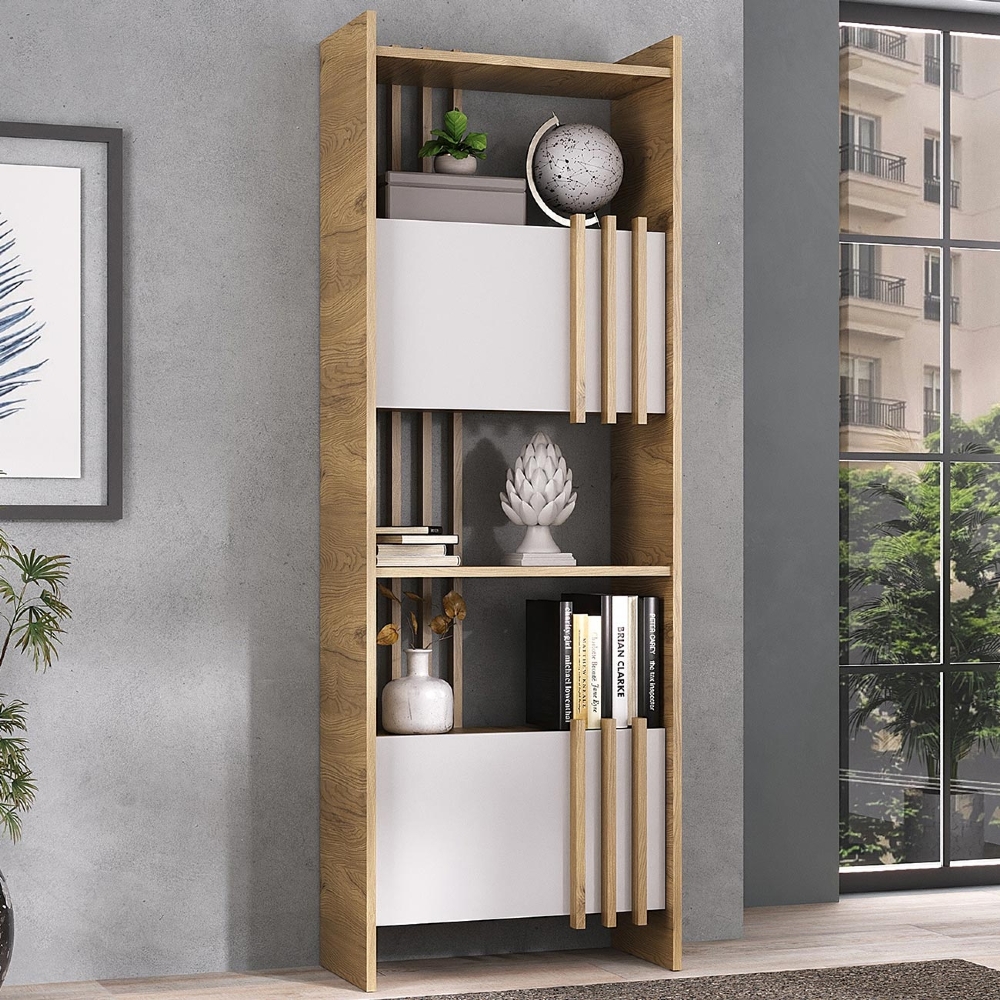 Estante Livreiro 64cm 2 Portas e Nichos Atria Olmo/Branco A06 - Mpozenato