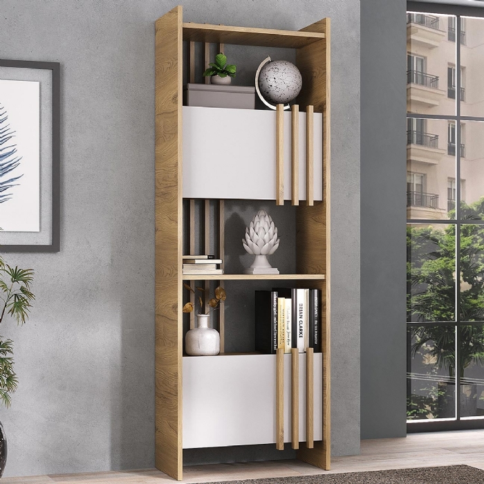 Estante Livreiro 64cm 2 Portas e Nichos Atria Olmo/Branco A06 - Mpozenato