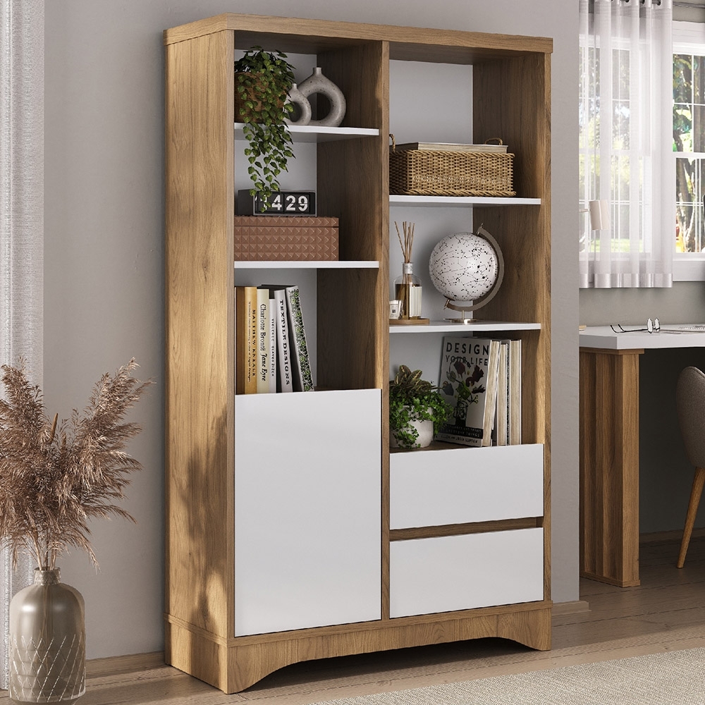Estante Livreiro 90cm 1 Porta 2 Gavetas Solara Olmo/Branco A06 - Mpozenato