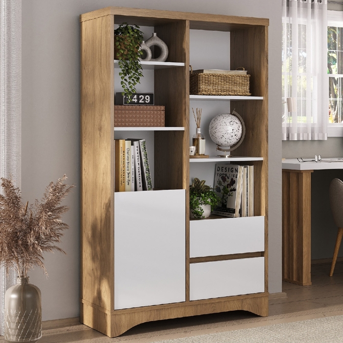 Estante Livreiro 90cm 1 Porta 2 Gavetas Solara Olmo/Branco A06 - Mpozenato