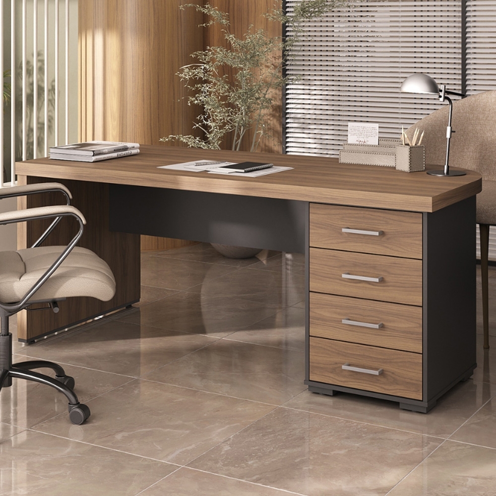 Mesa para Escritório com Gavetas Lado Direito Corp A06 Nogal/Preto - Mpozenato