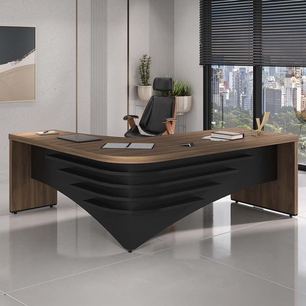 Mesa Diretor em L Lado Direito 200x180cm Corp A06 Nogal/Preto - Mpozenato