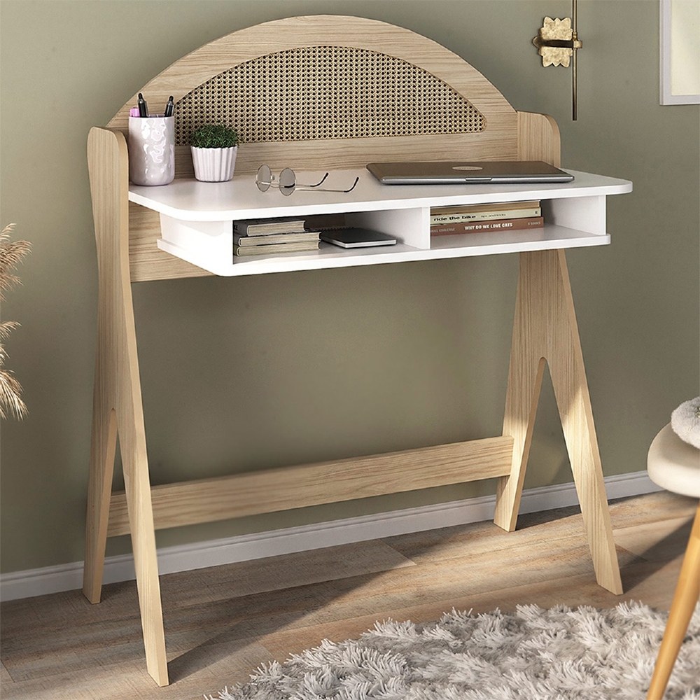 Mesa Escrivaninha Para Computador 90cm Olive Naturale/Branco A09 - Mpozenato