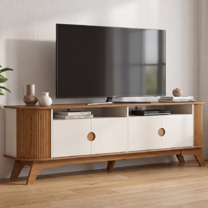 Rack TV 80 Pol 200cm 4 Portas Ripado Edge Cinamomo/Off White A09 - Mpozenato