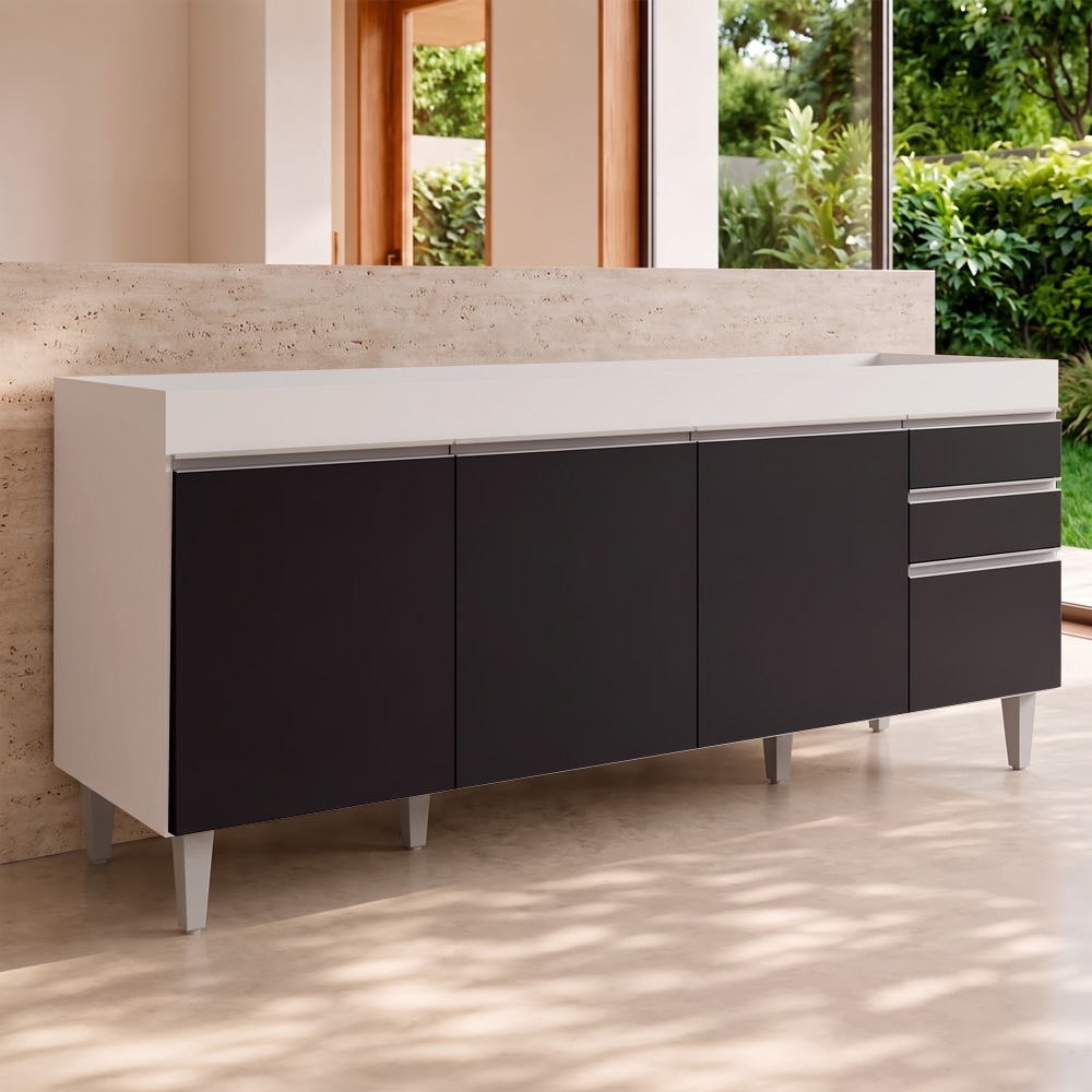 Balcão Gabinete Para Pia 180cm Sem Tampo Dallas Branco/Preto - Lumil