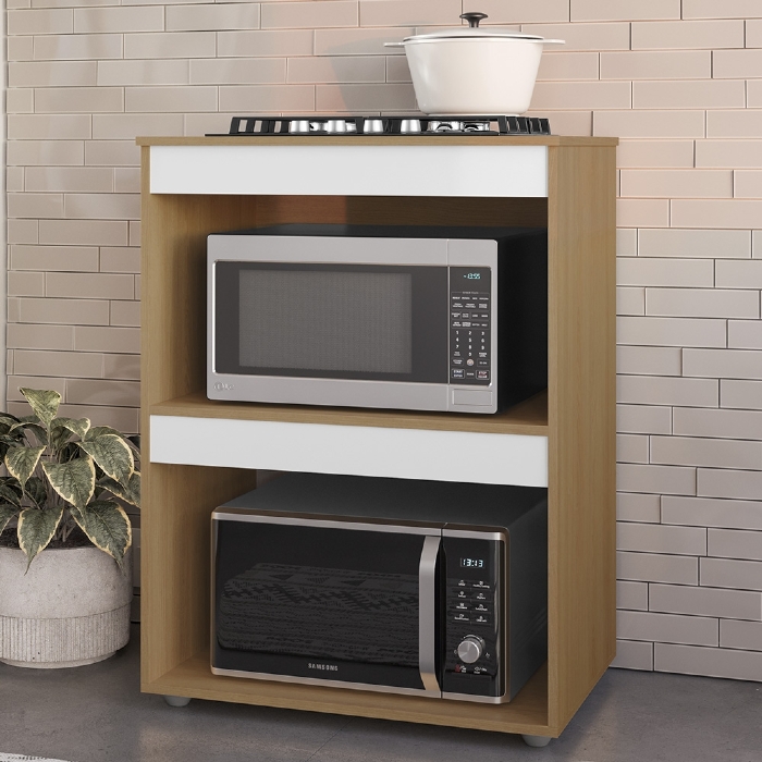 Balcão Para Cooktop e Forno Microondas 75cm Adriana Amêndoa/Branco - AJL Móveis