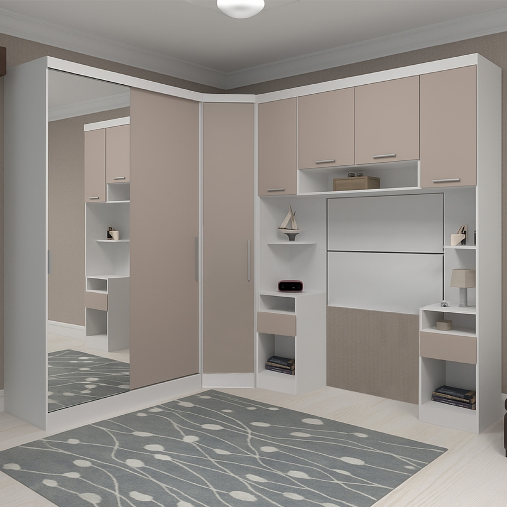 Guarda Roupa Solteiro Modulado Espelho CP06 Taiga Branco/Cinnamon L01 - Mpozenato