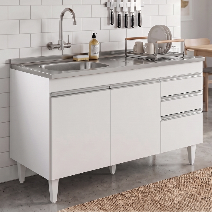 Balcão de Cozinha Com Pia Inox Deslocada 120cm Ávila Branco L03 - Mpozenato