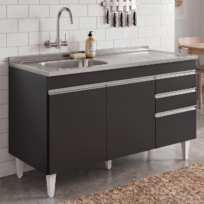 Balcão de Cozinha Com Pia Inox Deslocada 120cm Ávila Preto L03 - Mpozenato
