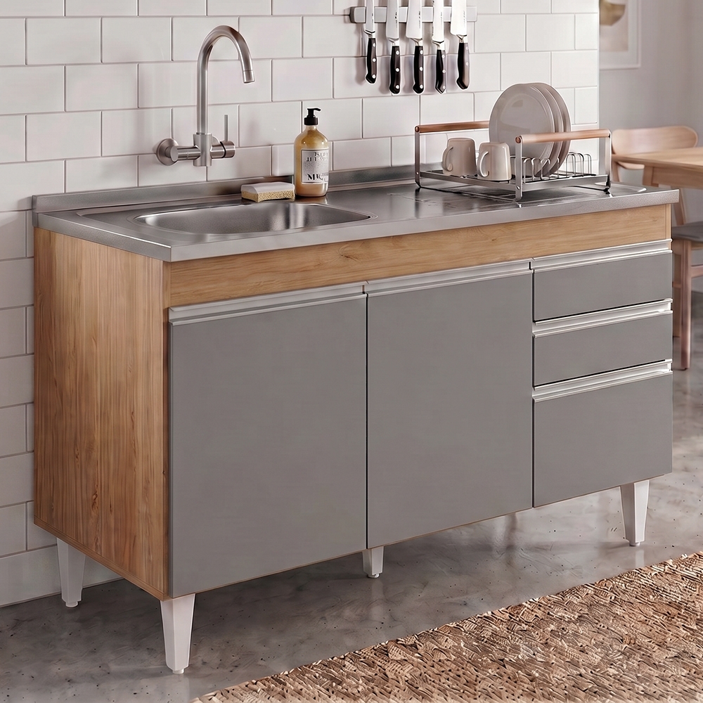 Balcão de Cozinha Com Pia Inox Deslocada 120cm Ávila Castanho/Cinza L03 - Mpozenato