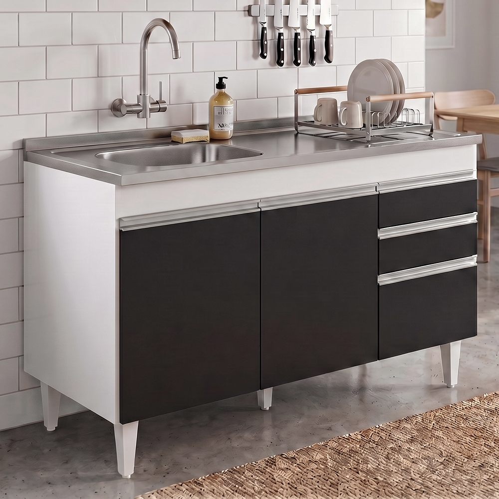 Balcão de Cozinha Com Pia Inox Deslocada 120cm Ávila Branco/Preto L03 - Mpozenato