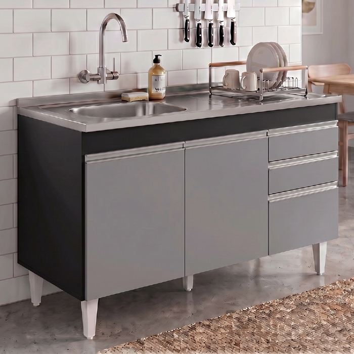 Balcão de Cozinha Com Pia Inox Deslocada 120cm Ávila Preto/Cinza L03 - Mpozenato