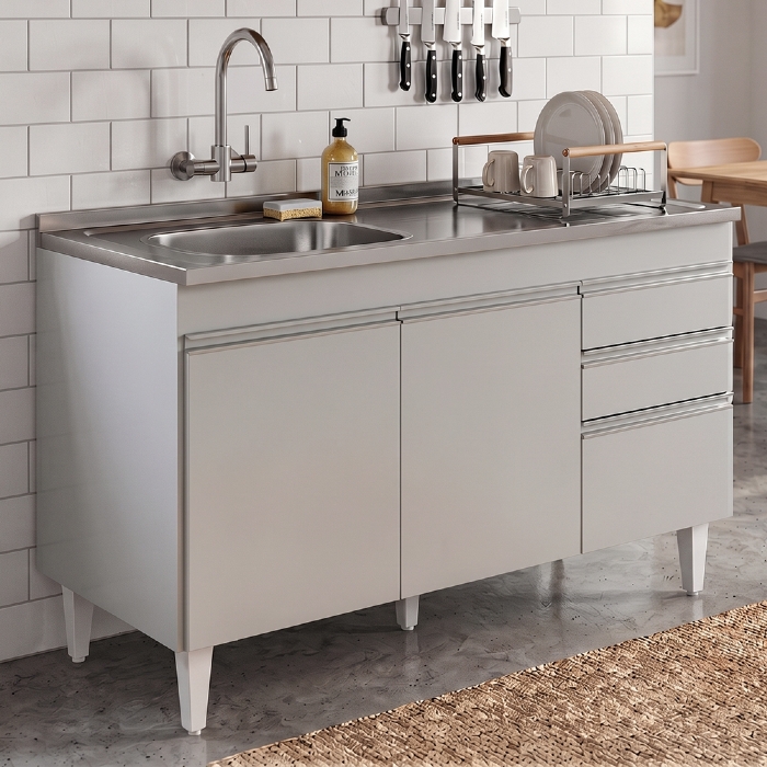 Balcão de Cozinha Com Pia Inox Deslocada 120cm Ávila Cinza Claro L03 - Mpozenato