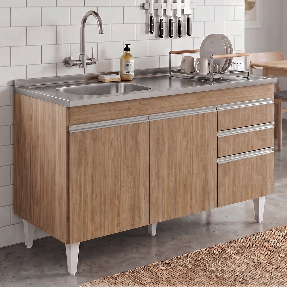 Balcão de Cozinha Com Pia Inox Deslocada 120cm Ávila Castanho L03 - Mpozenato