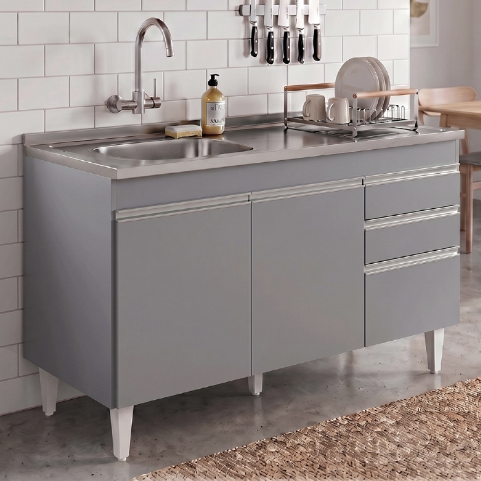 Balcão Cozinha Com Pia Inox Deslocada 120cm Ávila Cinza Sagrado L03 - Mpozenato