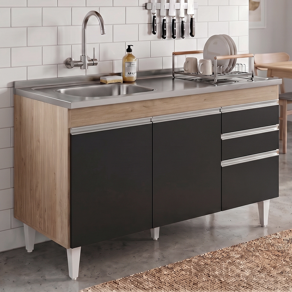 Balcão Cozinha Com Pia Inox Deslocada 120cm Ávila Castanho/Preto L03 - Mpozenato