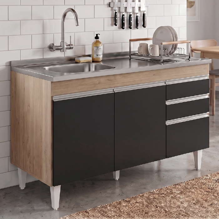 Balcão Cozinha Com Pia Inox Deslocada 120cm Ávila Castanho/Preto L03 - Mpozenato