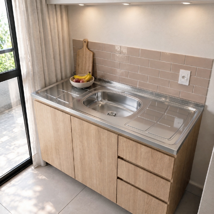 Pia de Cozinha com Cuba e Válvula Bali 120cm Aço Inox - Ghel Plus