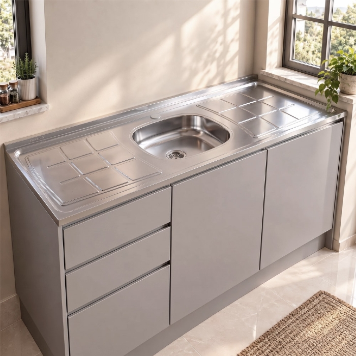 Pia de Cozinha com Cuba e Válvula Bali 160cm Aço Inox - Ghel Plus