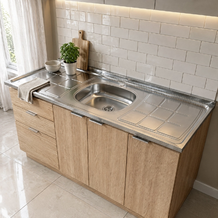 Pia de Cozinha com Cuba e Válvula Bali 150cm Aço Inox - Ghel Plus
