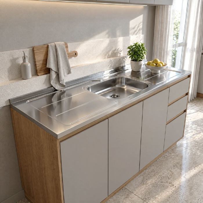Pia de Cozinha com Cuba e Válvula Bali 200cm Aço Inox - Ghel Plus