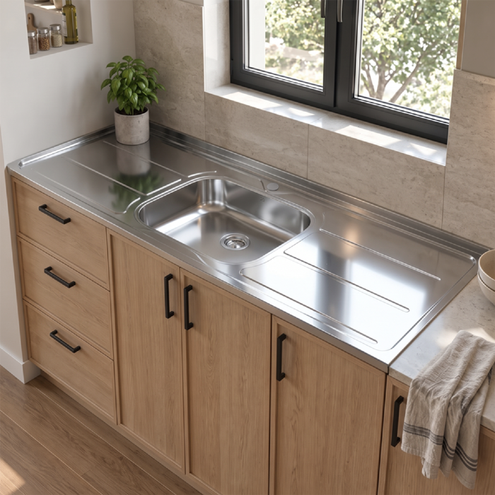Pia de Cozinha com Cuba 180cm e Válvula Aço Inox - Ghel Plus