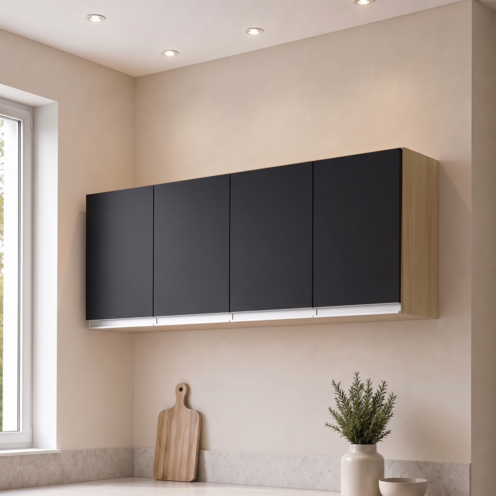 Armário de Cozinha Aéreo 150cm 4 Portas Andréia Amêndoa/Preto - AJL Móveis