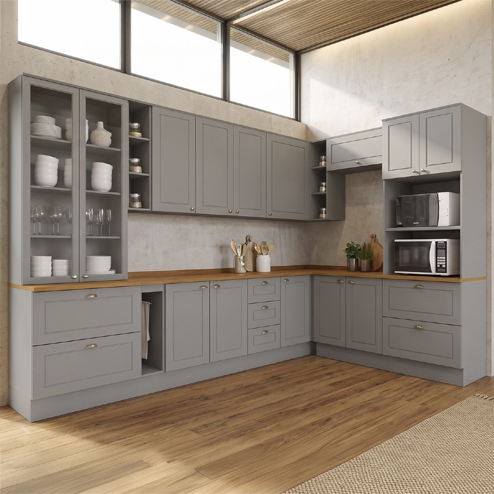 Armário de Cozinha 10 Peças Tampo CP32 Americana Cinza/Nature H02 - Mpozenato