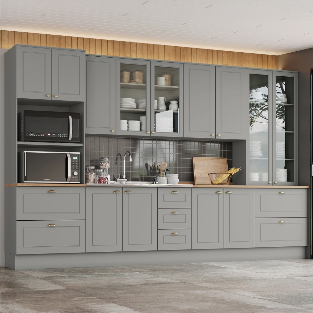 Armário de Cozinha 6 Peças Com Pia CP25 Americana Cinza/Nature H02 - Mpozenato