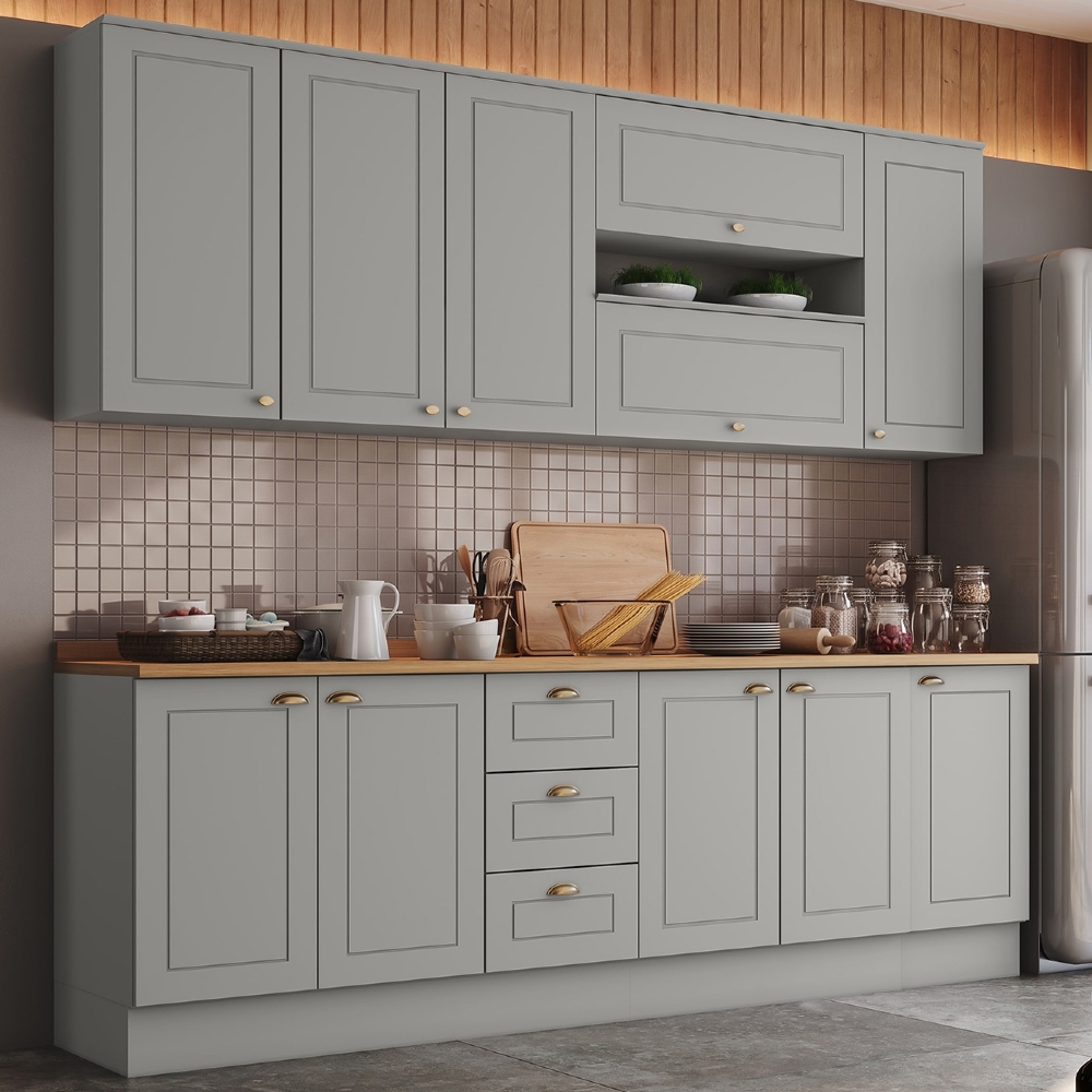 Armário de Cozinha 7 Peças Tampo CP29 Americana Cinza/Nature H02 - Mpozenato