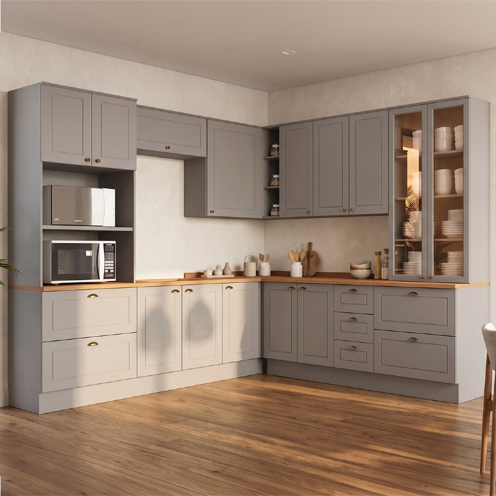 Armário de Cozinha 8 Peças Tampo CP30 Americana Cinza/Nature H02 - Mpozenato