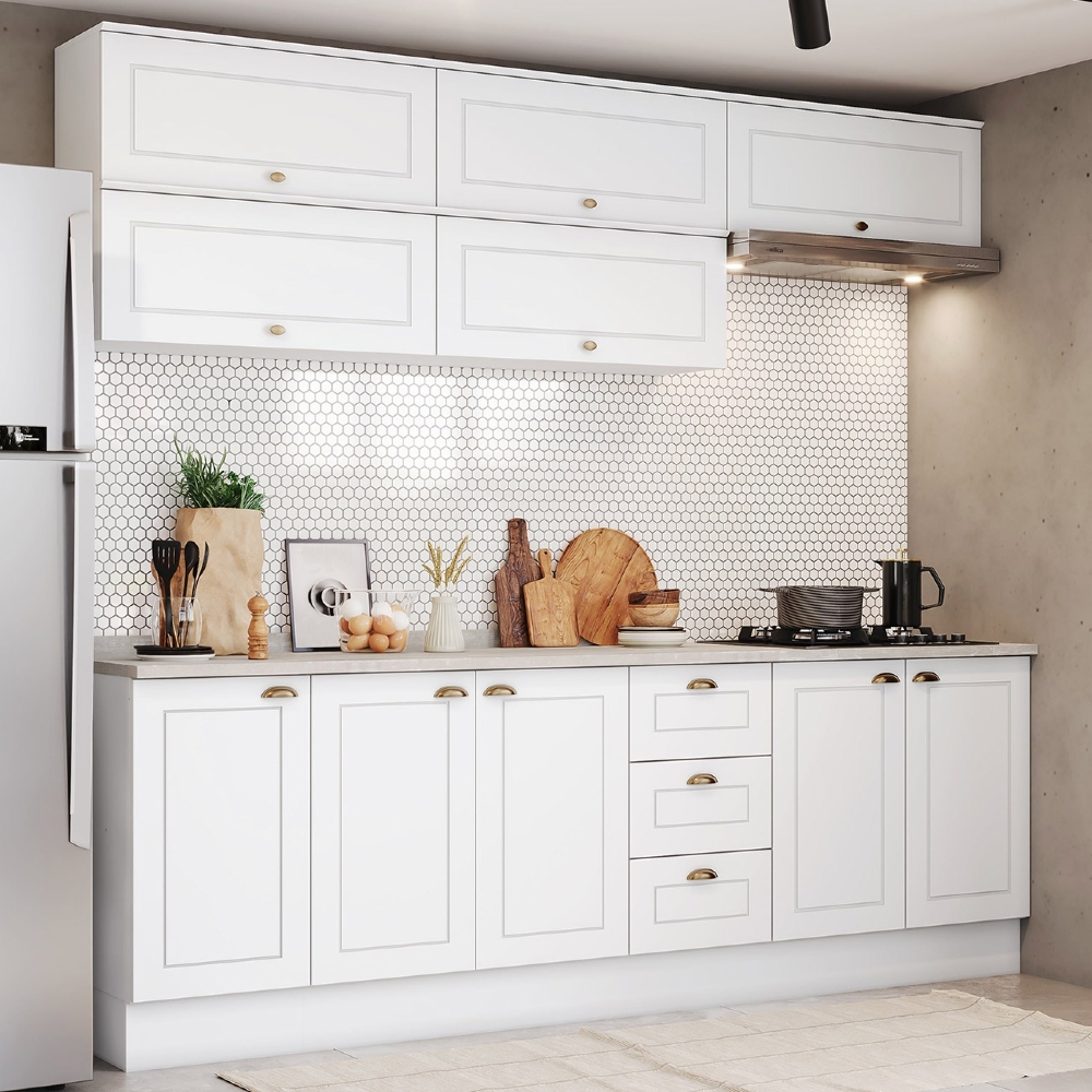 Armário de Cozinha 8 Peças Tampo CP31 Americana Branco/Calcare H02 - Mpozenato