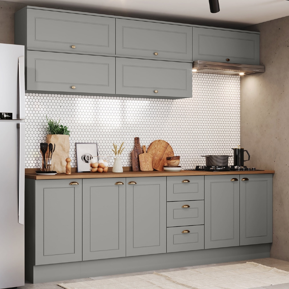 Armário de Cozinha 8 Peças Tampo CP31 Americana Cinza/Nature H02 - Mpozenato