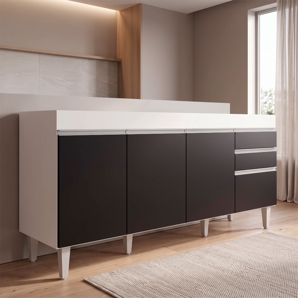 Balcão Gabinete 160cm Sem Tampo 4 Portas 2 Gavetas Arkansas Branco/Preto - Lumil Móveis