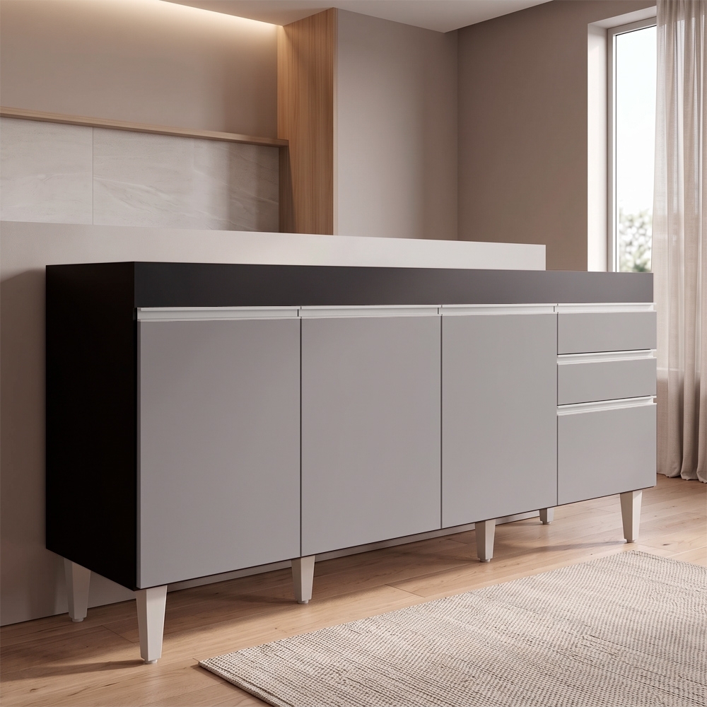 Balcão Gabinete 160cm Sem Tampo 4 Portas 2 Gavetas Arkansas Preto/Cinza - Lumil Móveis