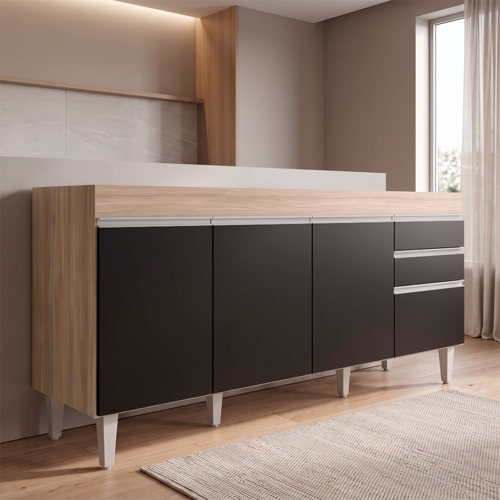 Balcão Gabinete 160cm Sem Tampo 4 Portas 2 Gavetas Arkansas Castanho/Preto - Lumil Móveis