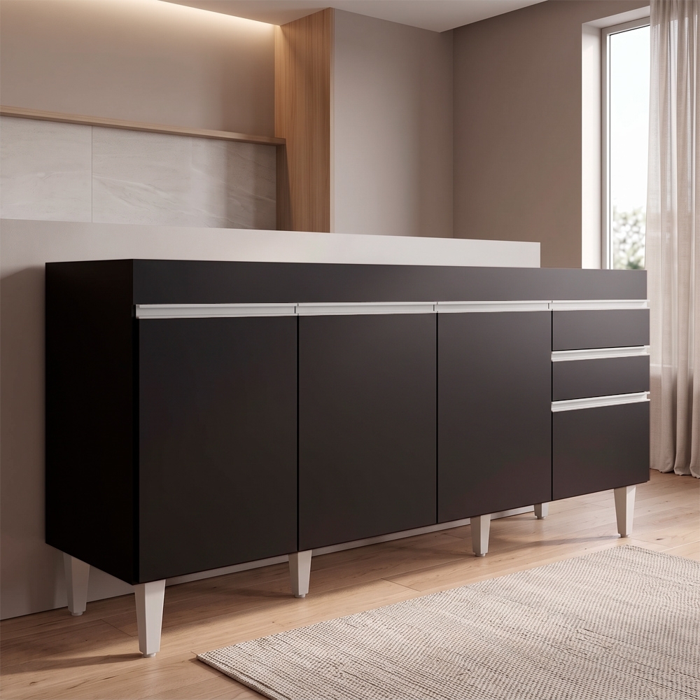 Balcão Gabinete 160cm Sem Tampo 4 Portas 2 Gavetas Arkansas Preto - Lumil Móveis