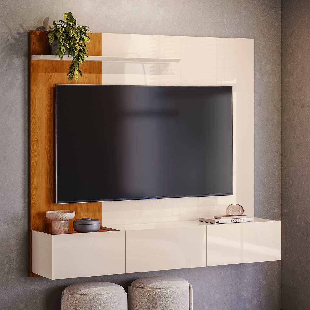 Painel TV 65 Pol Bancada Suspensa 154cm Búzios Cinamomo/Off Z10 - Mpozenato