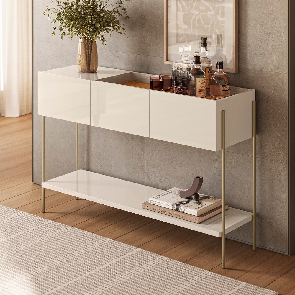Aparador Sala 124cm 3 Portas Pé Metal Bally Cinamomo/Off Z10 - Mpozenato