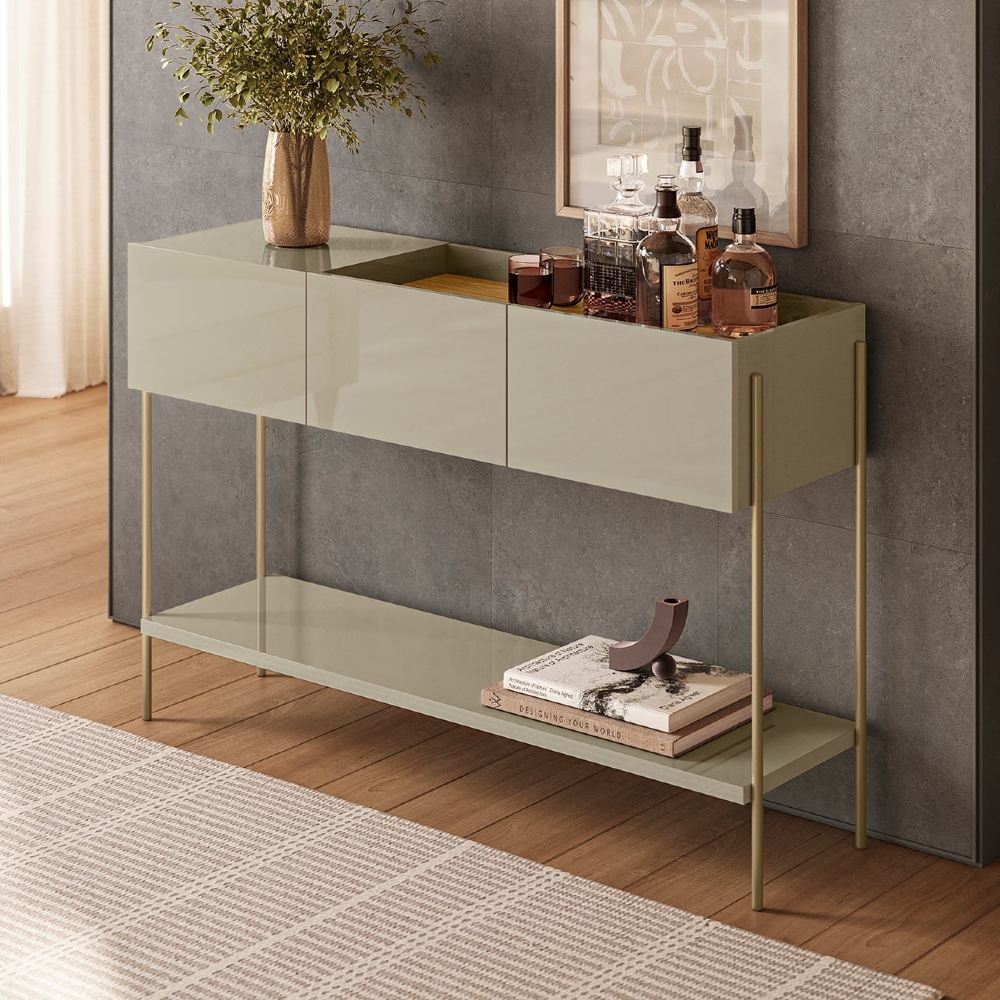 Aparador Sala 124cm 3 Portas Pé Metal Bally Cumaru/Opala Z10 - Mpozenato