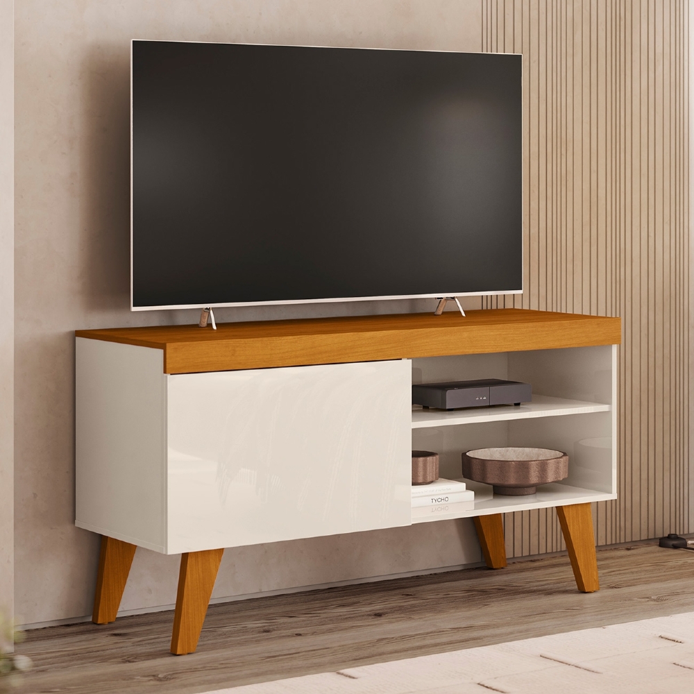 Rack TV 43 Pol 108cm 1 Porta Pés Retrô Ravena Cinamomo/Off Z10 - Mpozenato