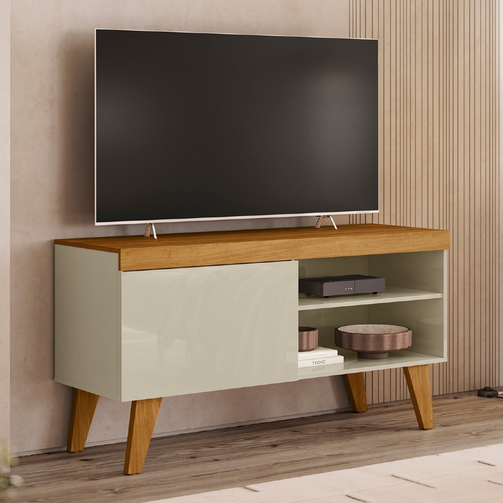 Rack TV 43 Pol 108cm 1 Porta Pés Retrô Ravena Cumaru/Opala Z10 - Mpozenato