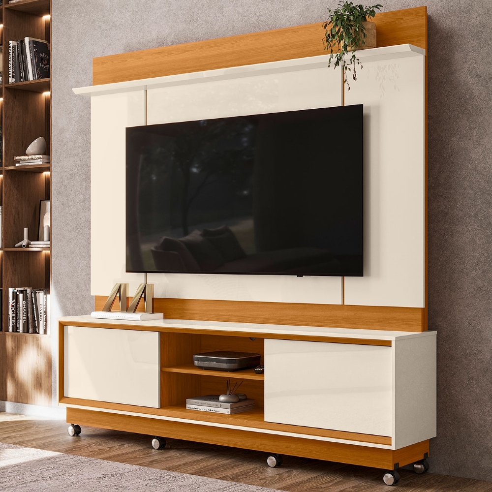 Estante Painel TV 75 Pol 184cm Com Rodízios Dara Cinamomo/Off Z10 - Mpozenato