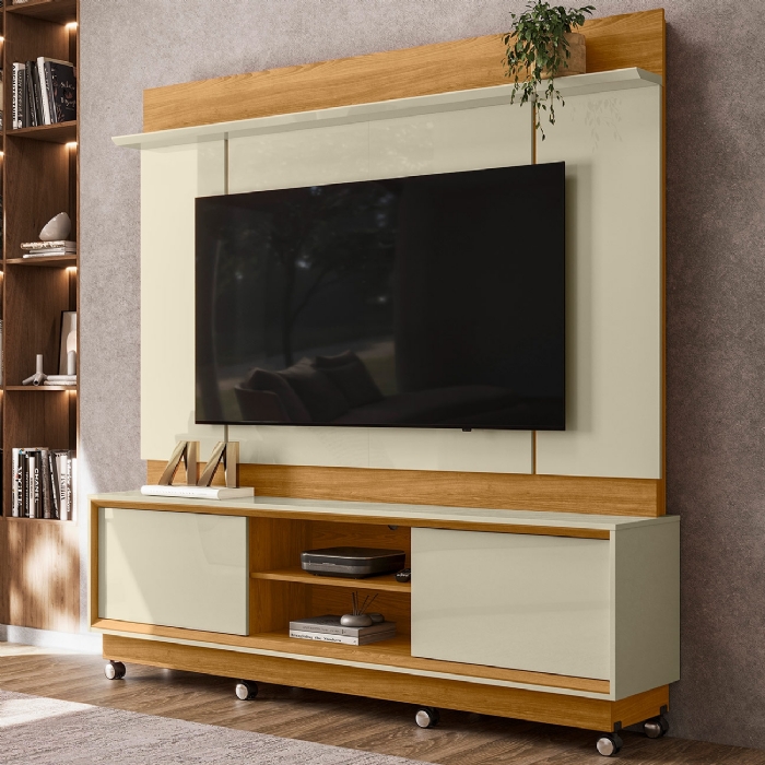 Estante Painel TV 75 Pol 184cm Com Rodízios Dara Cumaru/Opala Z10 - Mpozenato