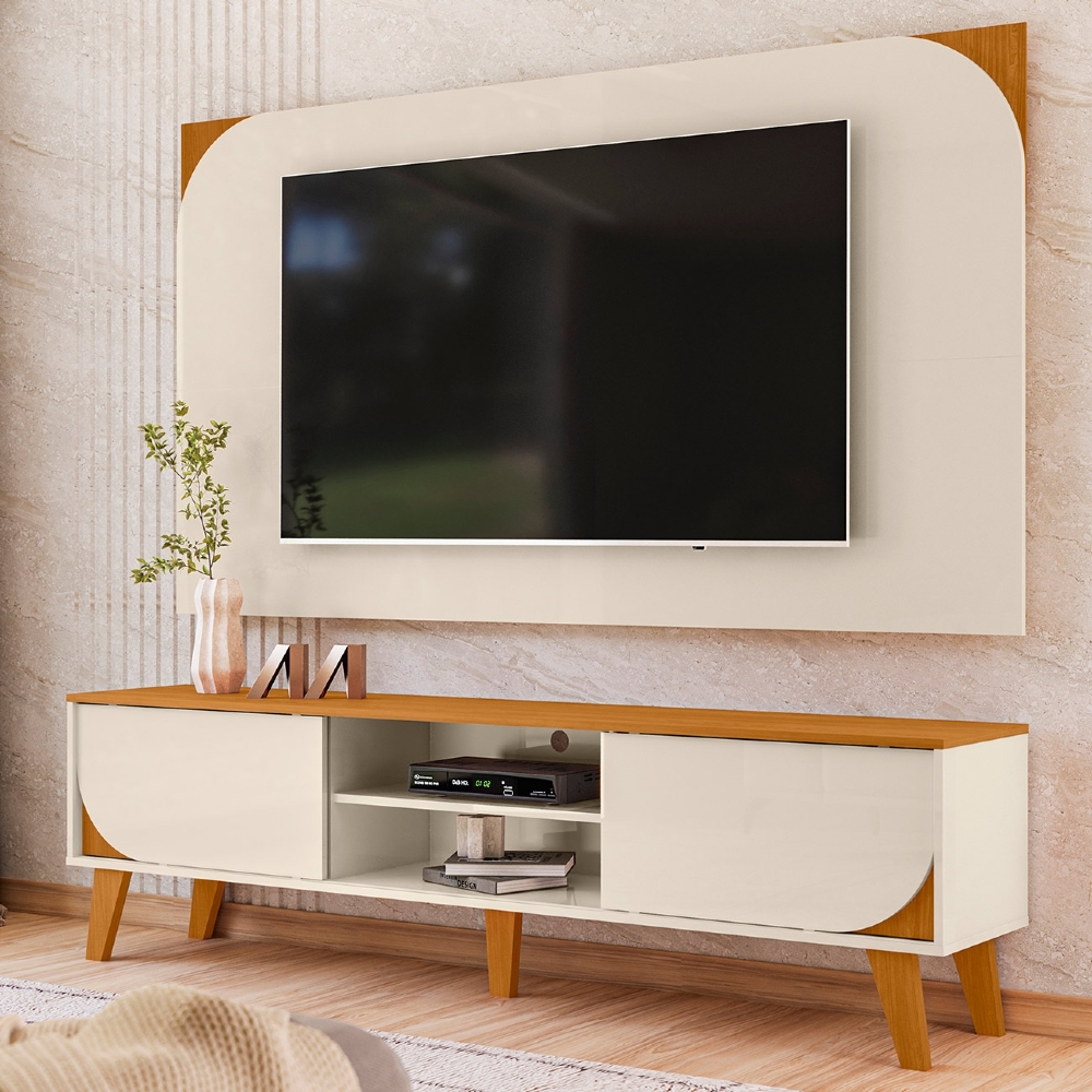 Painel TV 75 Pol 182cm e Rack Sala Retrô Aran Cinamomo/Off Z10 - Mpozenato
