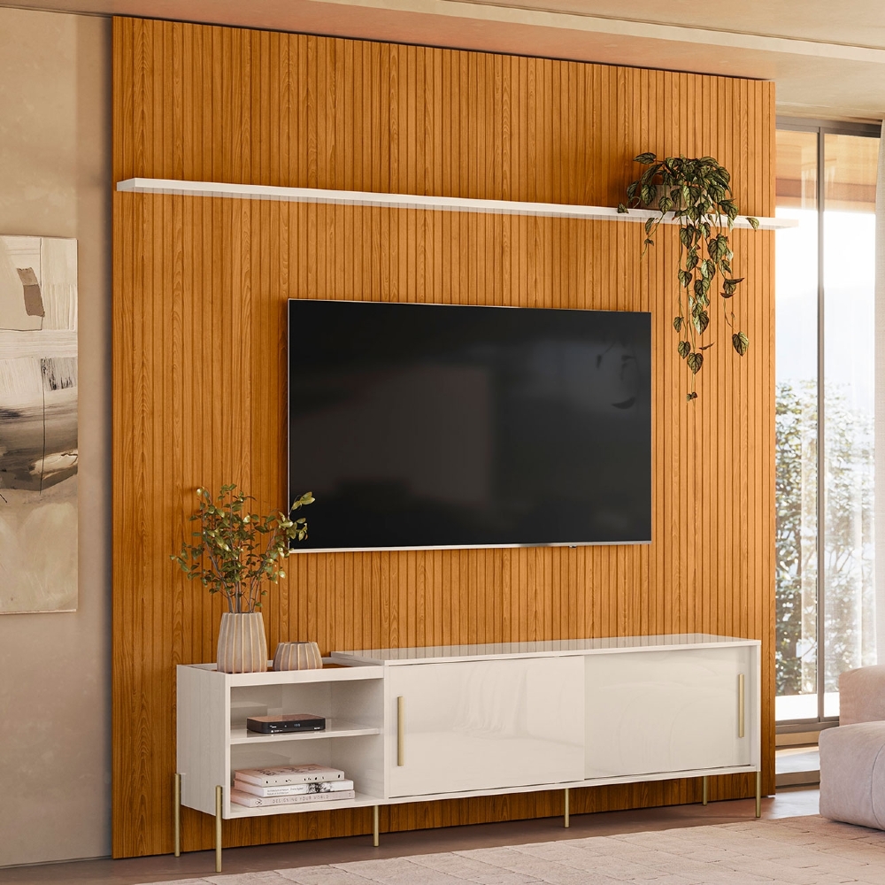 Painel TV 75 Pol 238cm André e Rack Sala Sammy Cinamomo/Off Z10 - Mpozenato